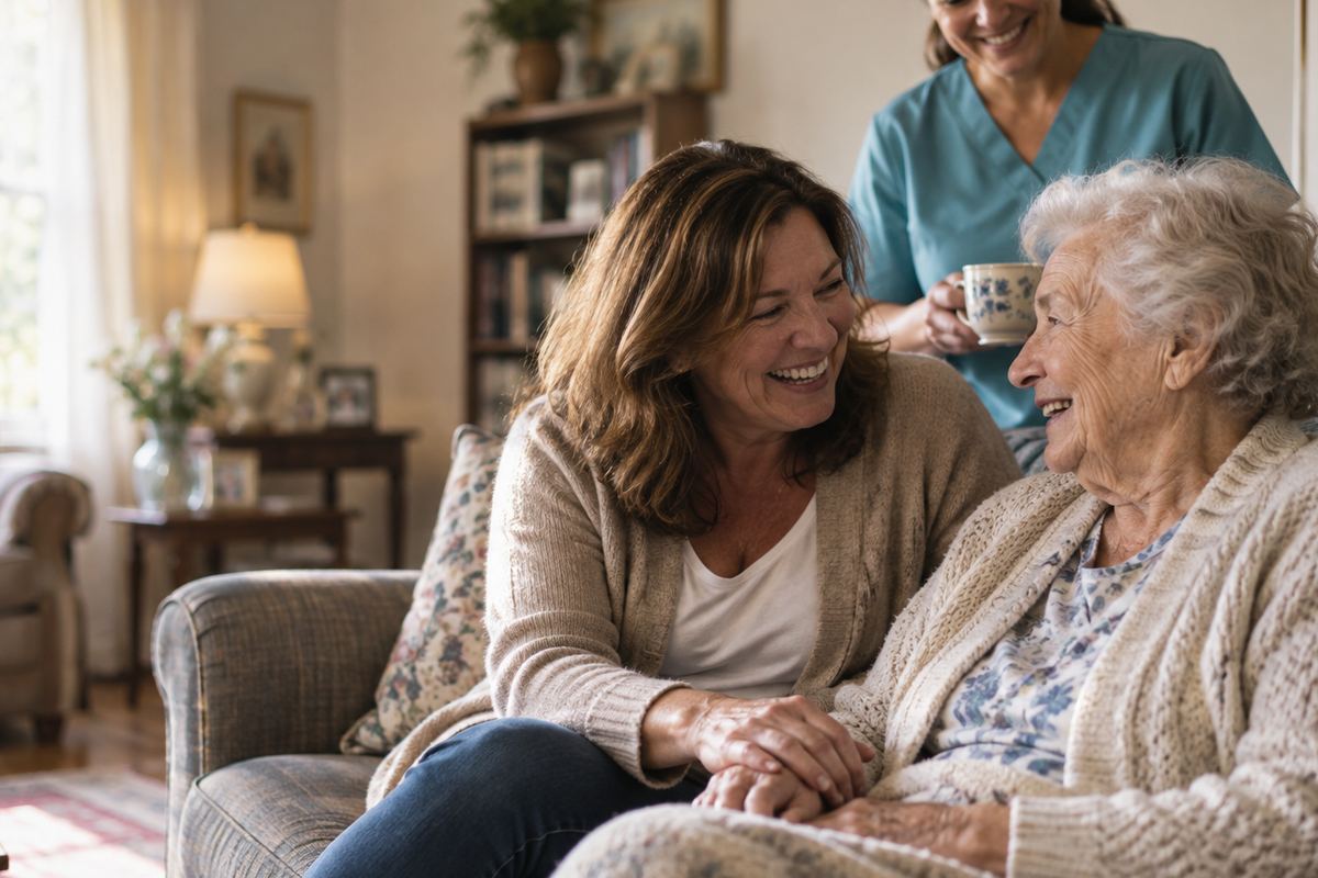 Caregiver with senior man and his daughter at home, representing home care in Covina, CA