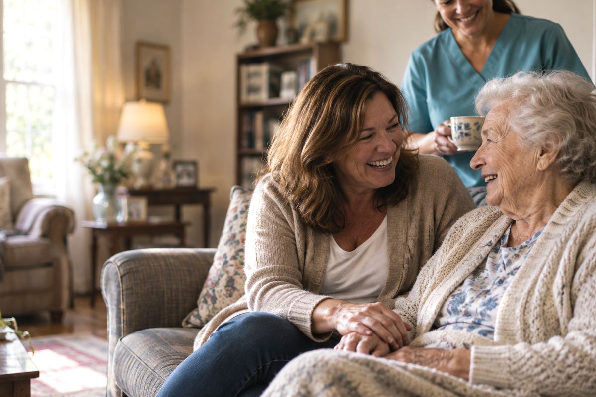 Caregiver with senior father and daughter sharing a moment during in-home care in Cypress, TX