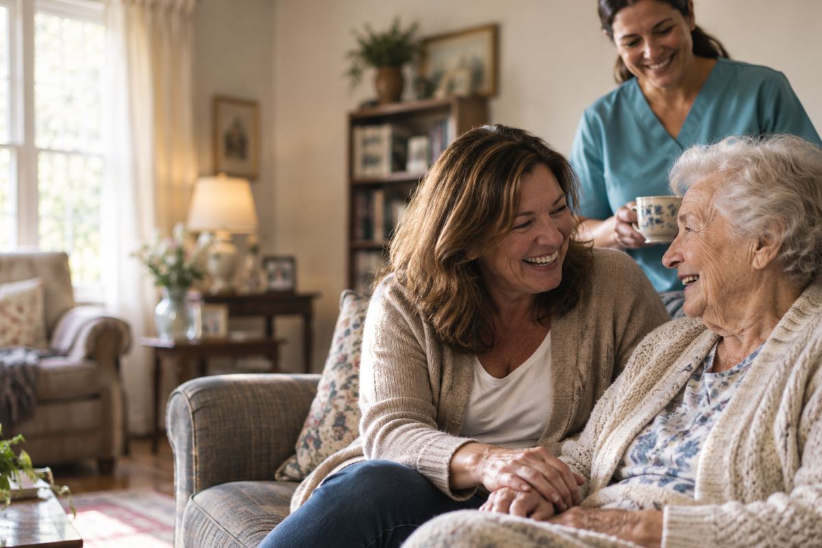 Caregiver with senior and daughter at home, representing home care in Eden Prairie MN