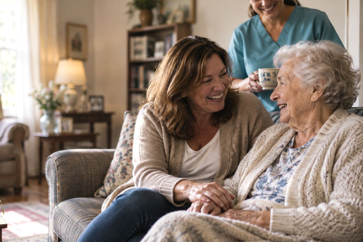 Caregiver with senior man and his daughter sharing a smile during in-home care in El Segundo
