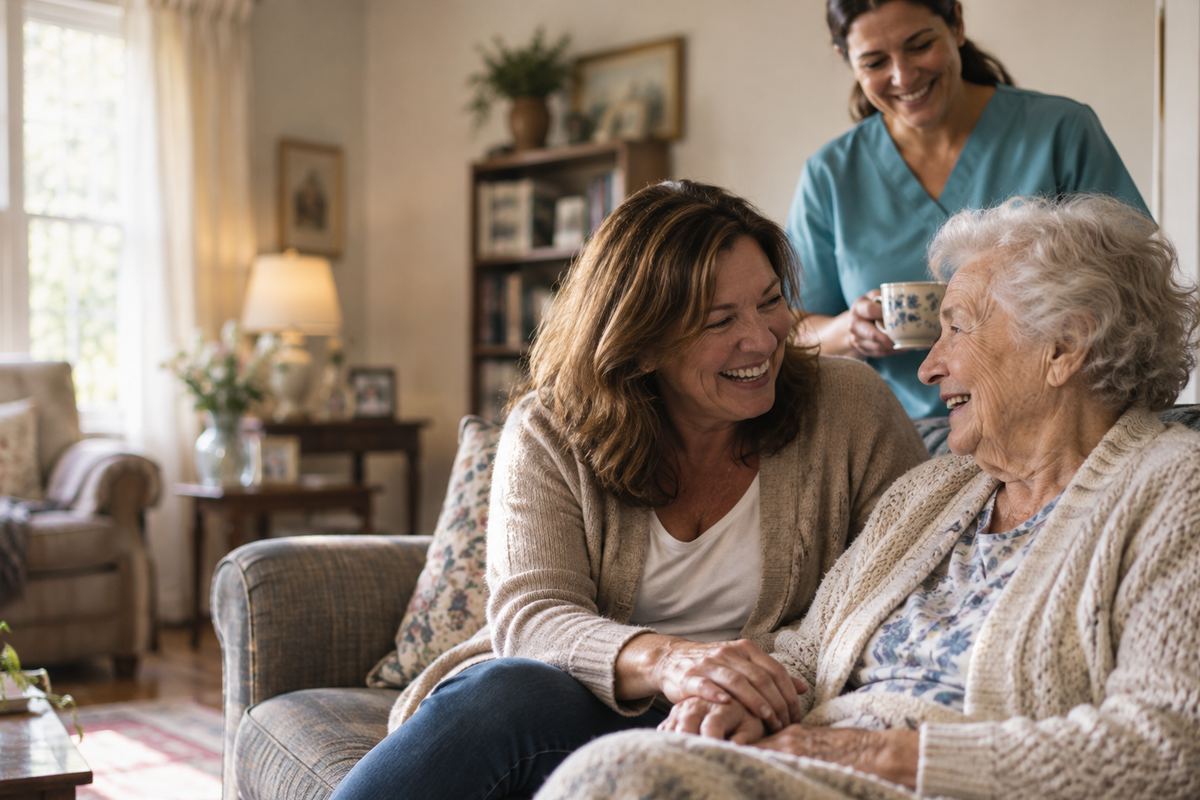 Caregiver with senior father and his daughter at home, representing home care in Floresville
