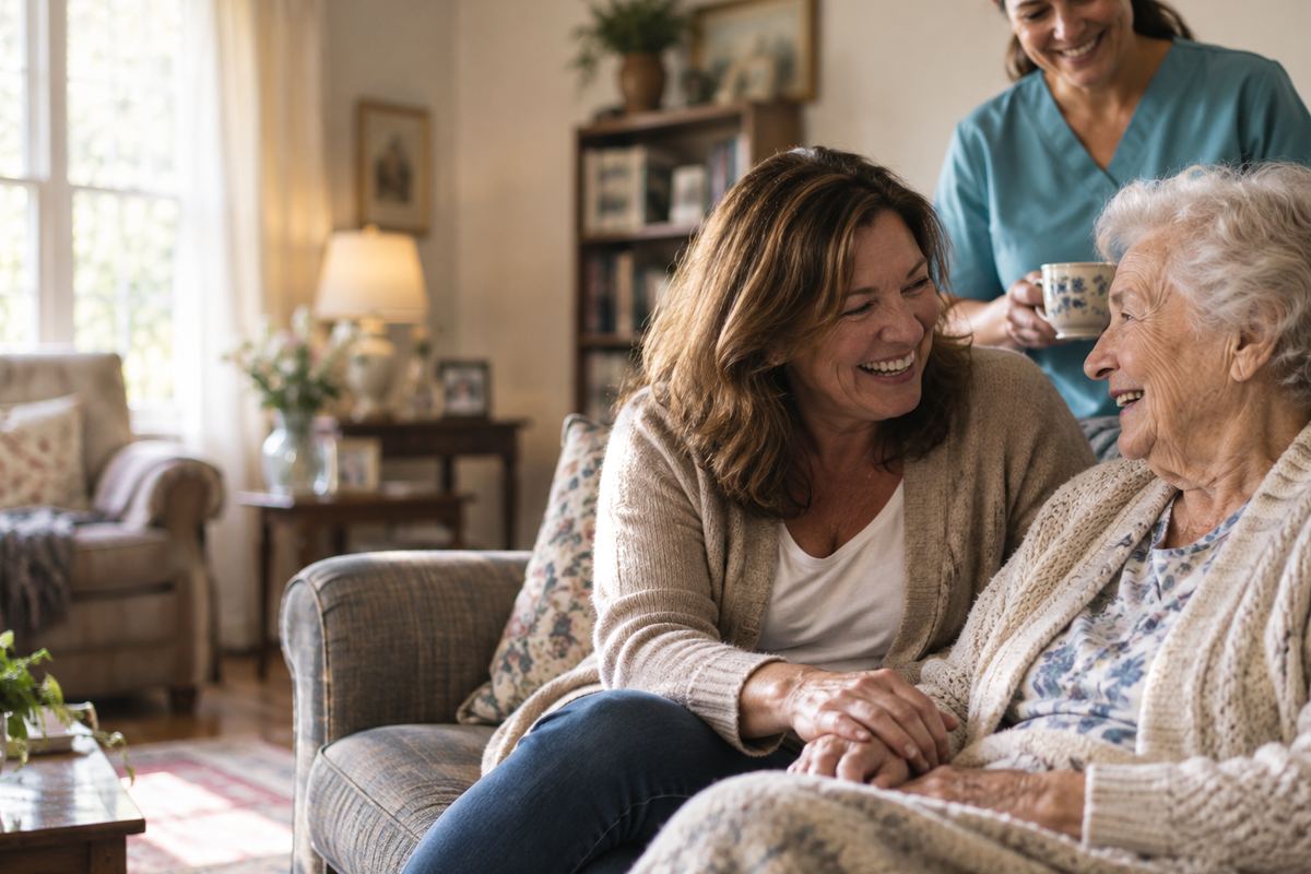 Caregiver with senior and daughter sharing a moment of in-home care in Gardena