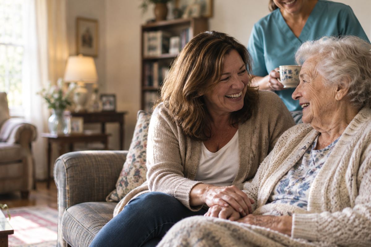 Caregiver with senior and daughter at home during in-home care in Gilbert