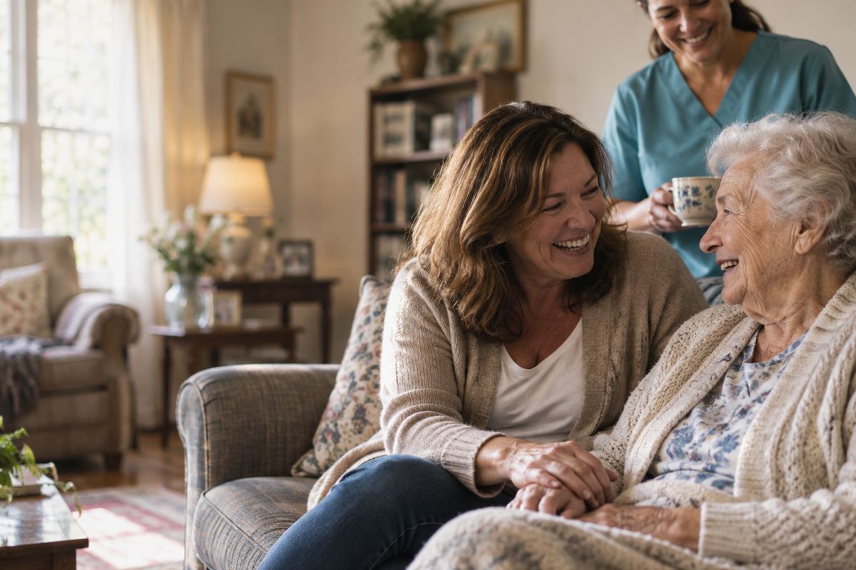 Caregiver with senior and daughter at home during in-home care in Hawthorne, CA