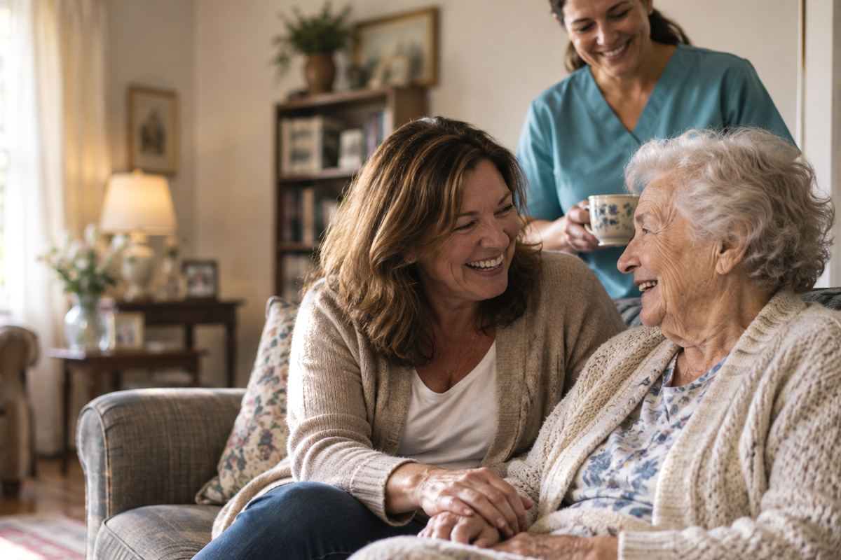 Caregiver with senior father and daughter at home receiving in-home care in Helotes, TX