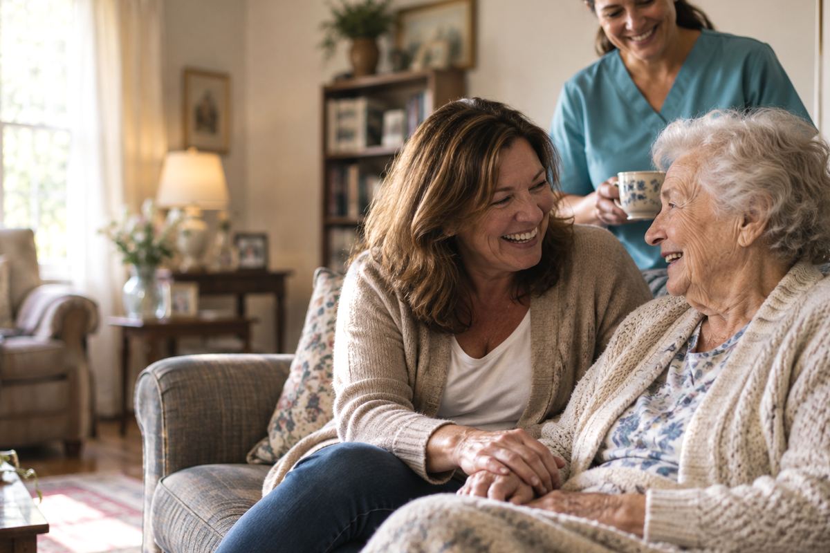 Caregiver with senior and daughter at home during in-home care in Hermosa Beach, CA