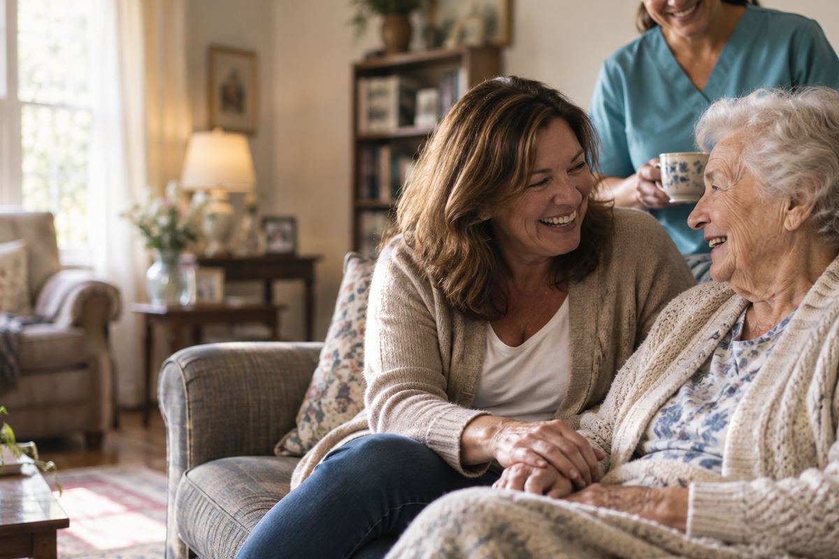 Caregiver with senior and daughter enjoying home care in Hopkins, MN