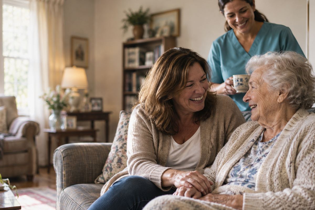 Caregiver with senior and daughter at home, representing home care in Houston, TX