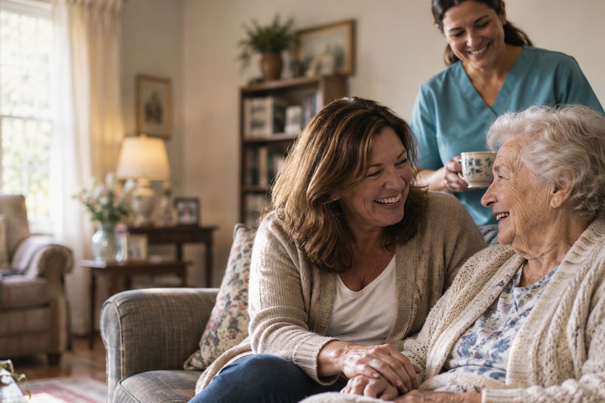Caregiver with senior and her daughter sharing a moment during home care in Humble, TX