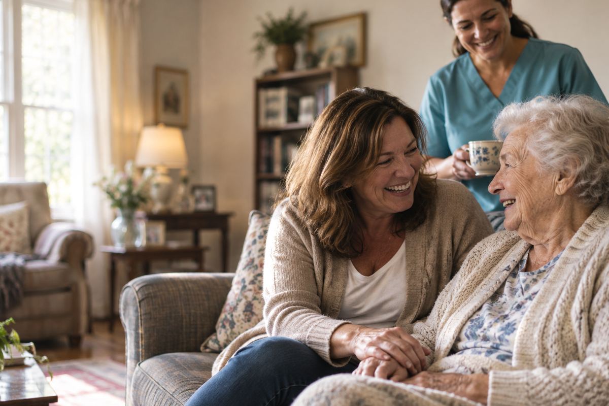 Caregiver with senior man and his daughter enjoying in-home care in Katy, TX