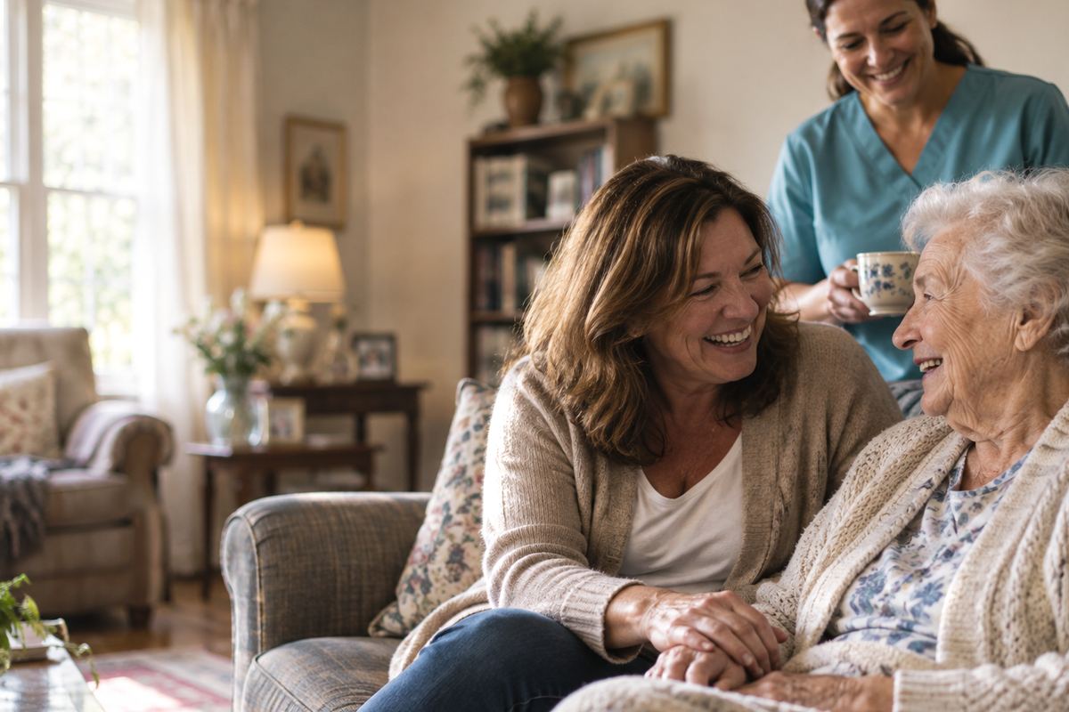 Caregiver with senior father and adult daughter enjoying home care in Lawndale, CA