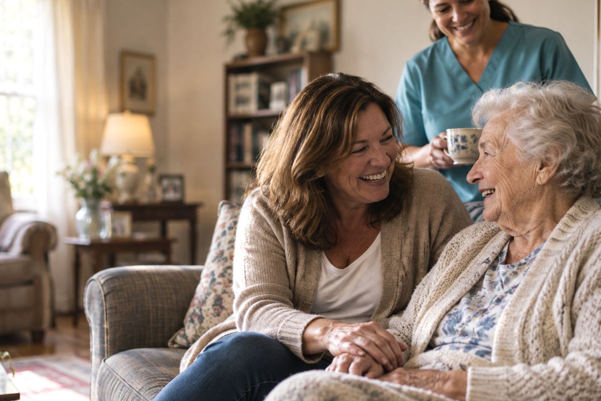 Caregiver with senior man and his daughter enjoying in-home care in Lomita, CA