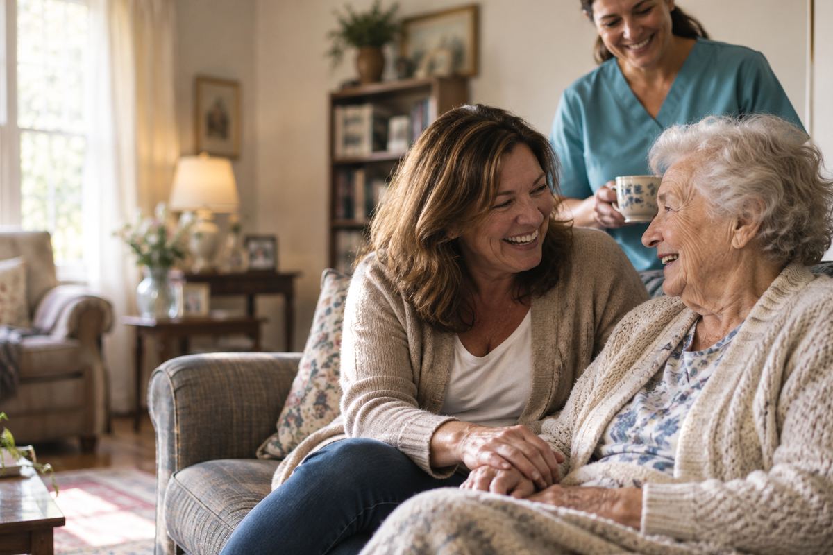 Caregiver with senior man and his daughter enjoying home care in Los Angeles, CA