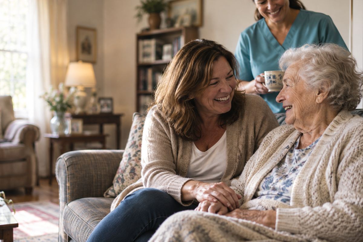 Caregiver with senior and daughter at home, representing home care in Mesa AZ