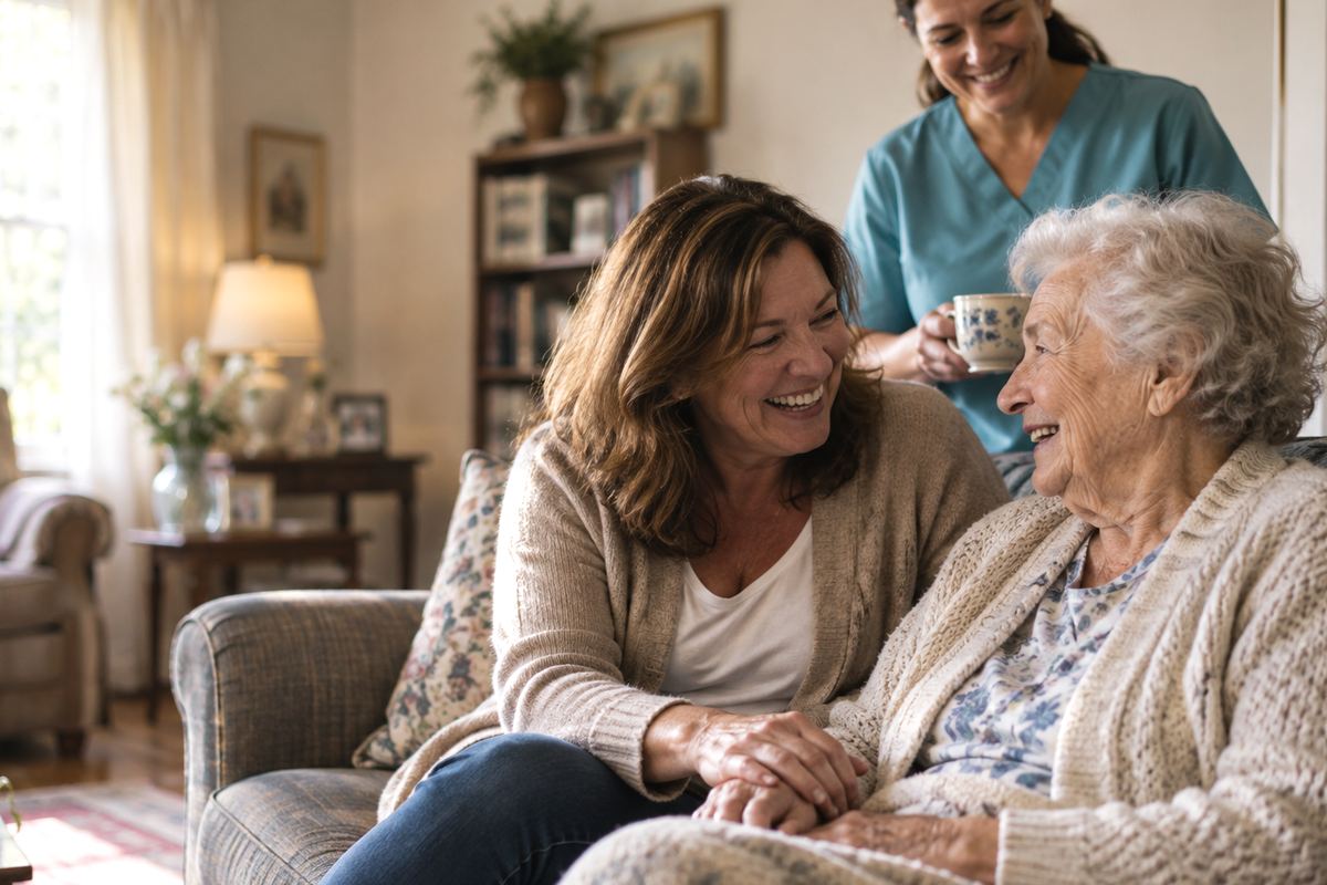 Caregiver with senior and daughter at home during in-home care in Minneapolis