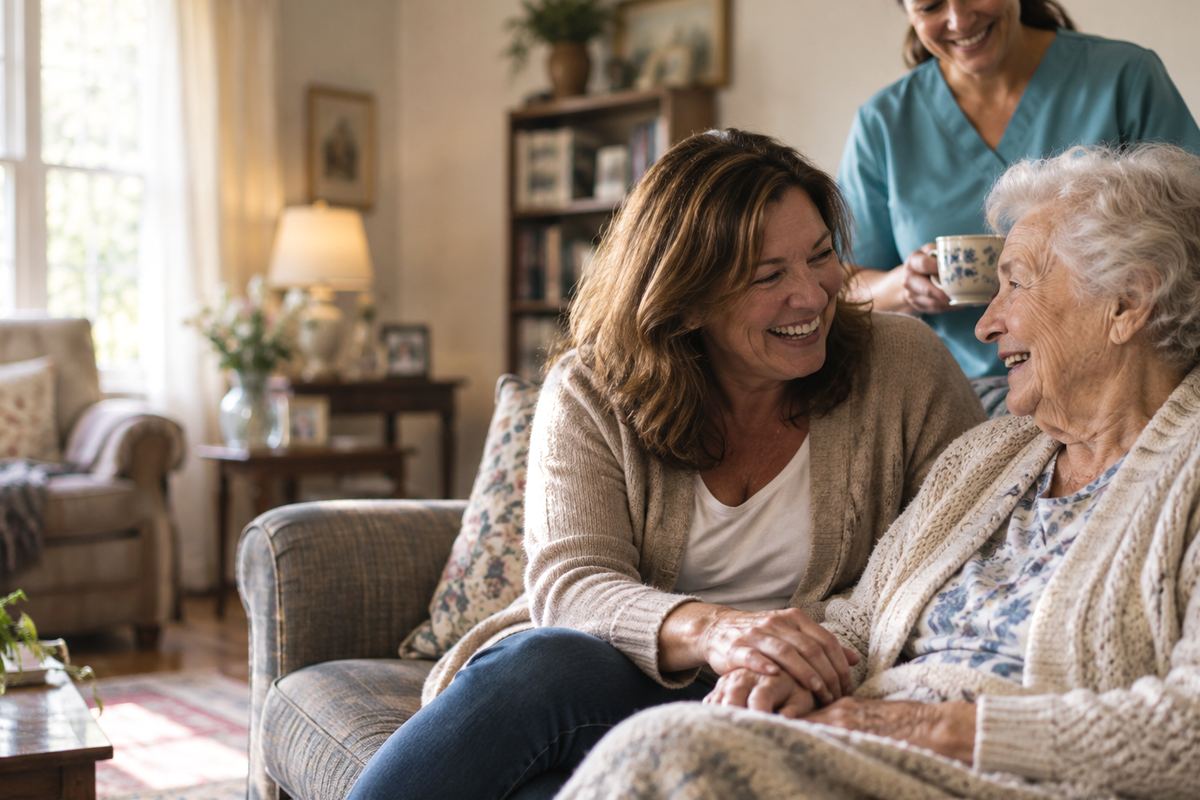 Caregiver with senior and daughter at home receiving in-home care in Minnetonka, MN