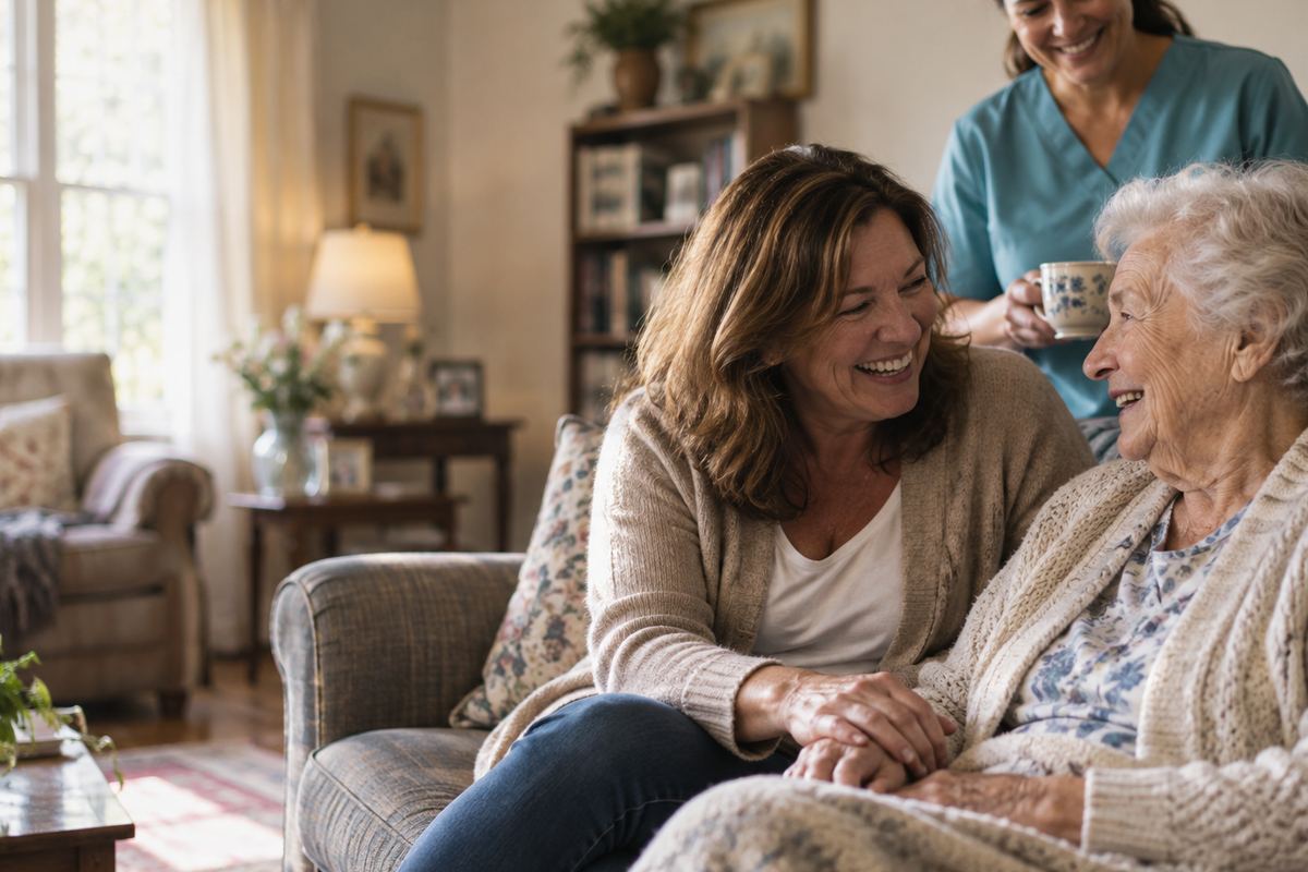 Caregiver with senior and daughter at home, representing in-home care in New Braunfels, TX