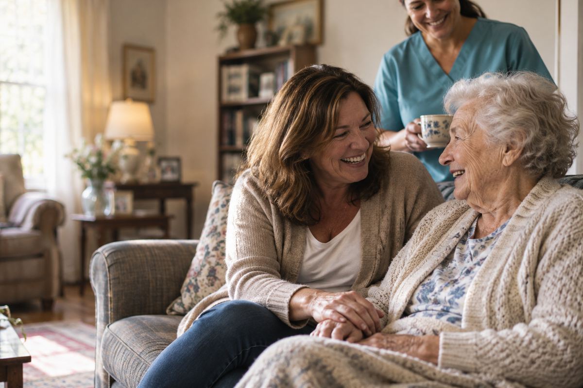 Caregiver with senior and daughter at home, representing home care in Pasadena, CA