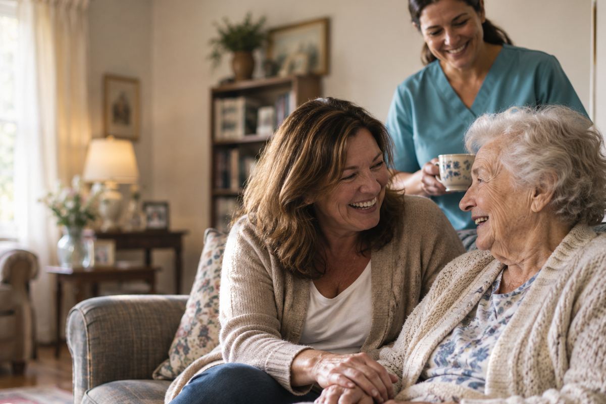 Caregiver with senior and daughter enjoying home care in Phoenix, AZ