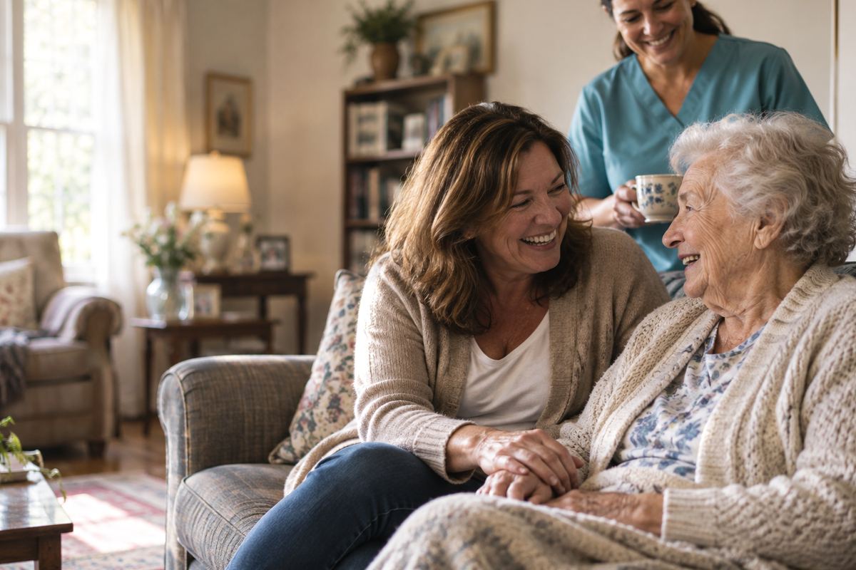 Caregiver with senior and daughter enjoying in-home care in Rancho Palos Verdes, CA