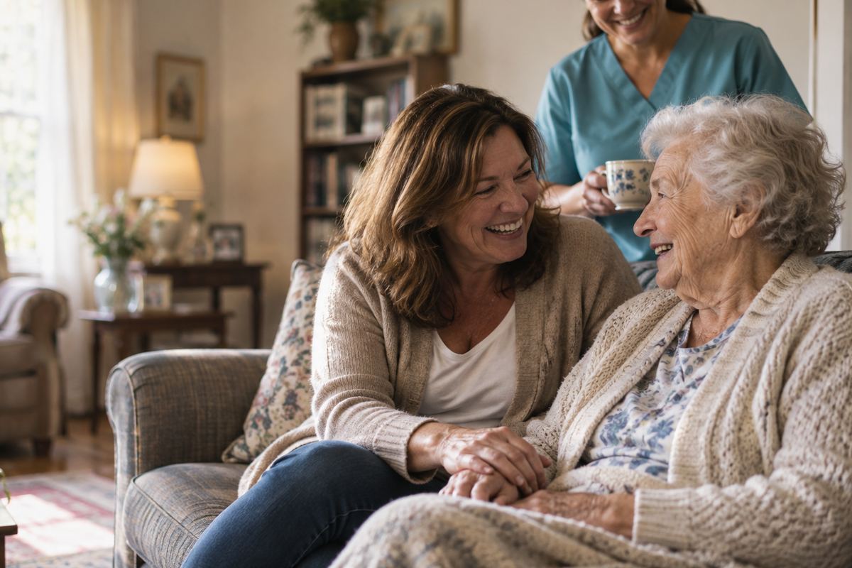 Caregiver with senior and daughter at home receiving in-home care in Redondo Beach, CA