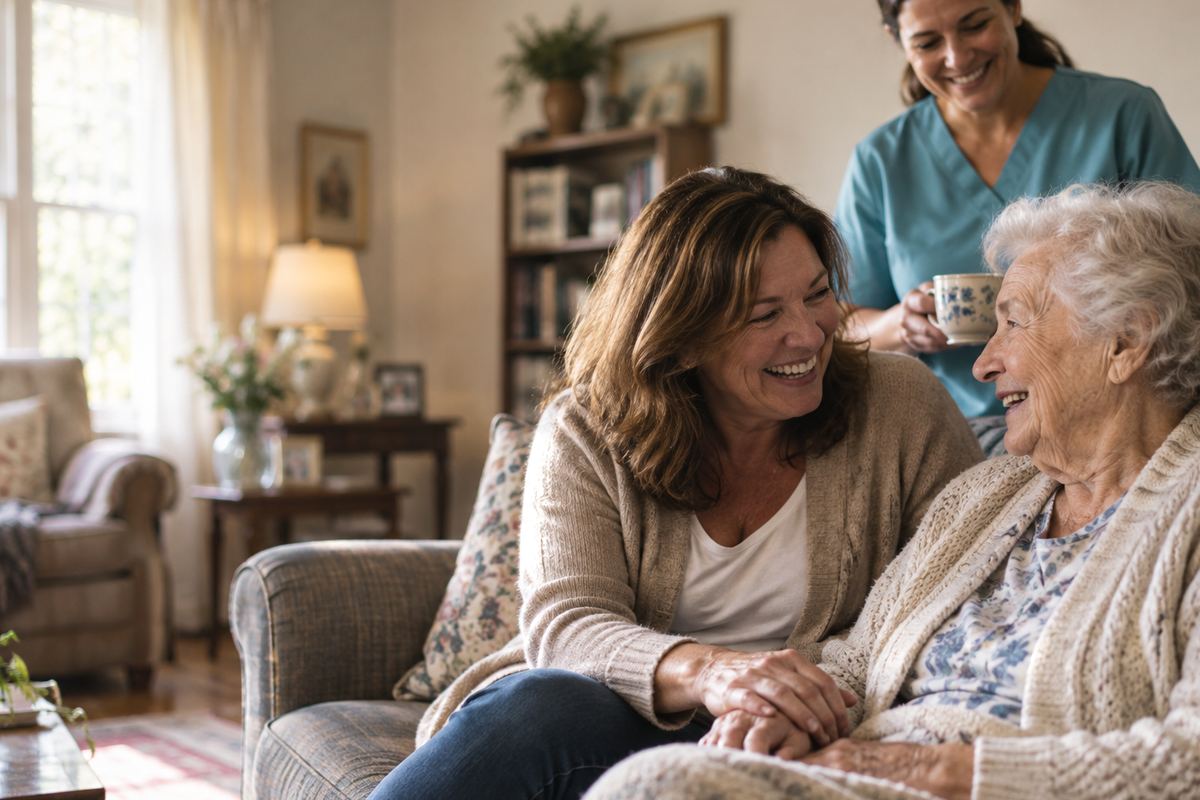 Caregiver with senior and her daughter enjoying in-home care in Saint Paul, MN