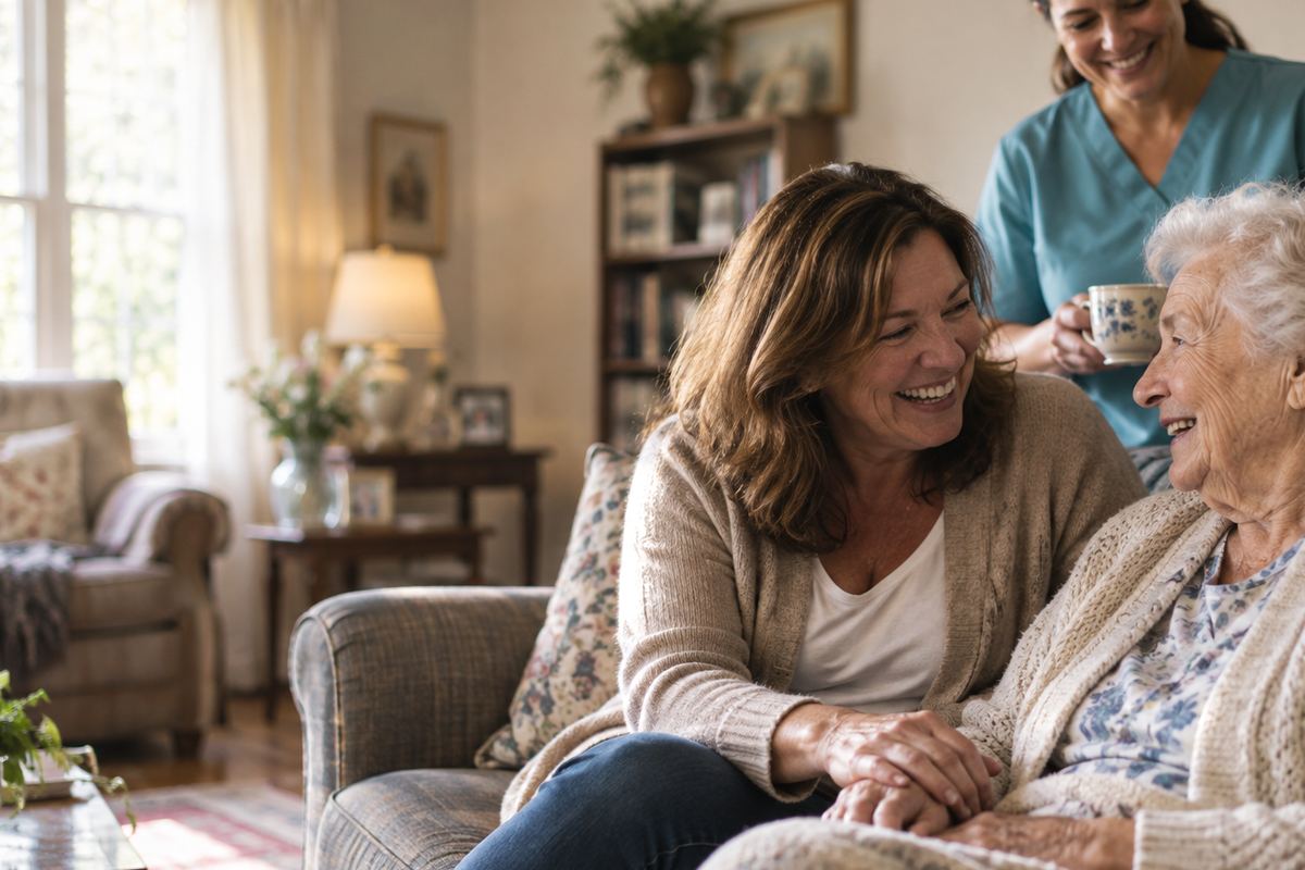 Caregiver with senior father and daughter at home, representing home care in San Antonio, TX