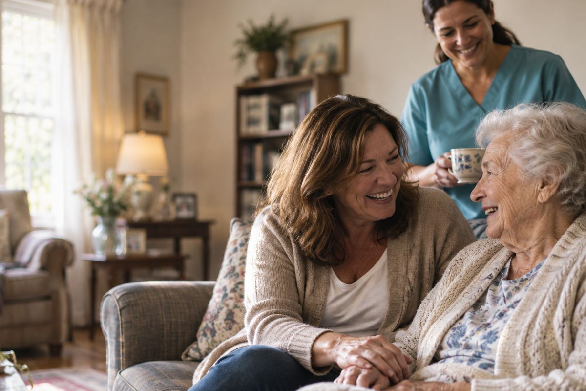 Caregiver with senior and daughter at home receiving in-home care in San Pedro, CA