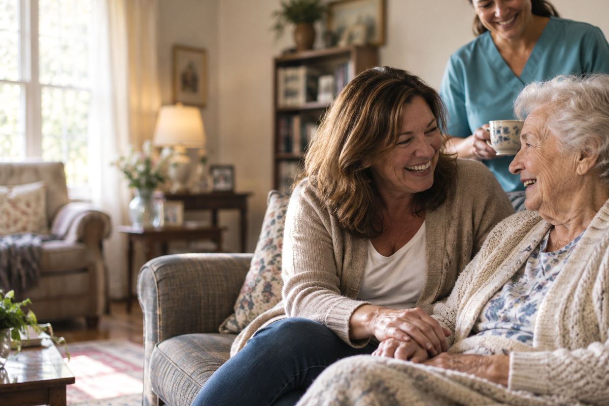 Caregiver with senior and daughter at home, representing in-home care in Santa Monica, CA