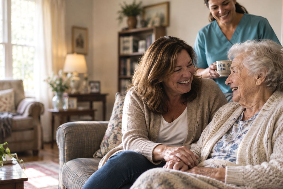 Caregiver with senior and daughter enjoying in-home care in Schertz, TX
