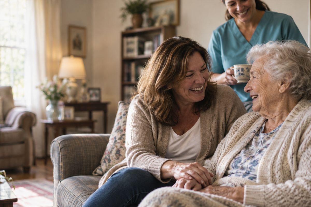 Caregiver with senior and daughter sharing a moment, representing home care in Scottsdale, AZ