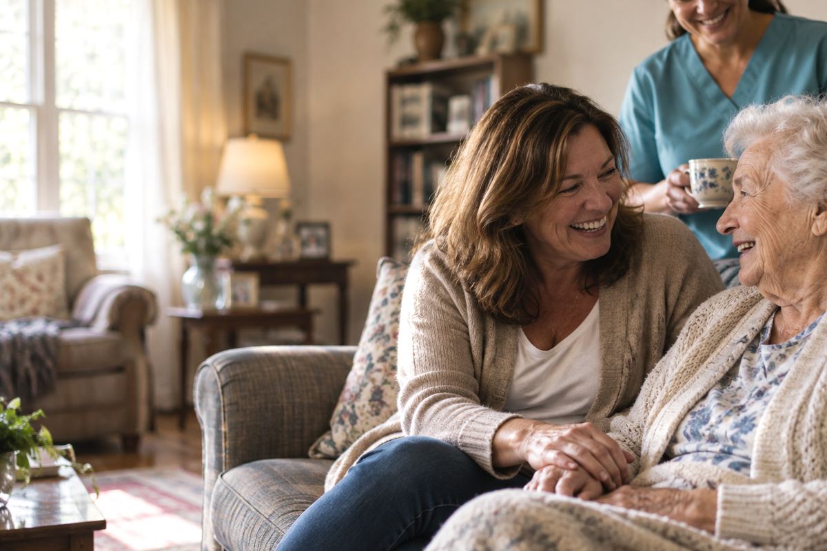 Caregiver with senior and daughter at home, representing home care in Seguin, TX