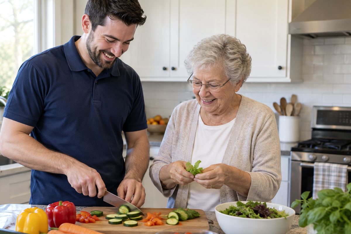 Caregiver and older woman cooking lunch together as part of senior home care Boerne TX