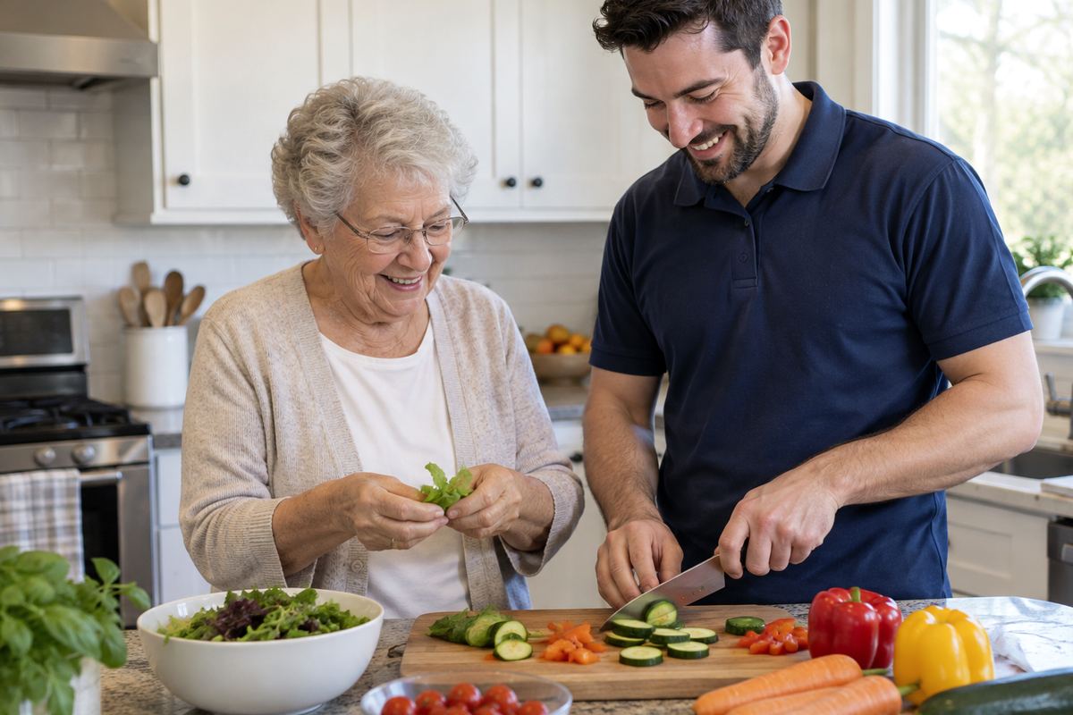 Caregiver and older woman cooking lunch together, senior home care Canyon Lake TX