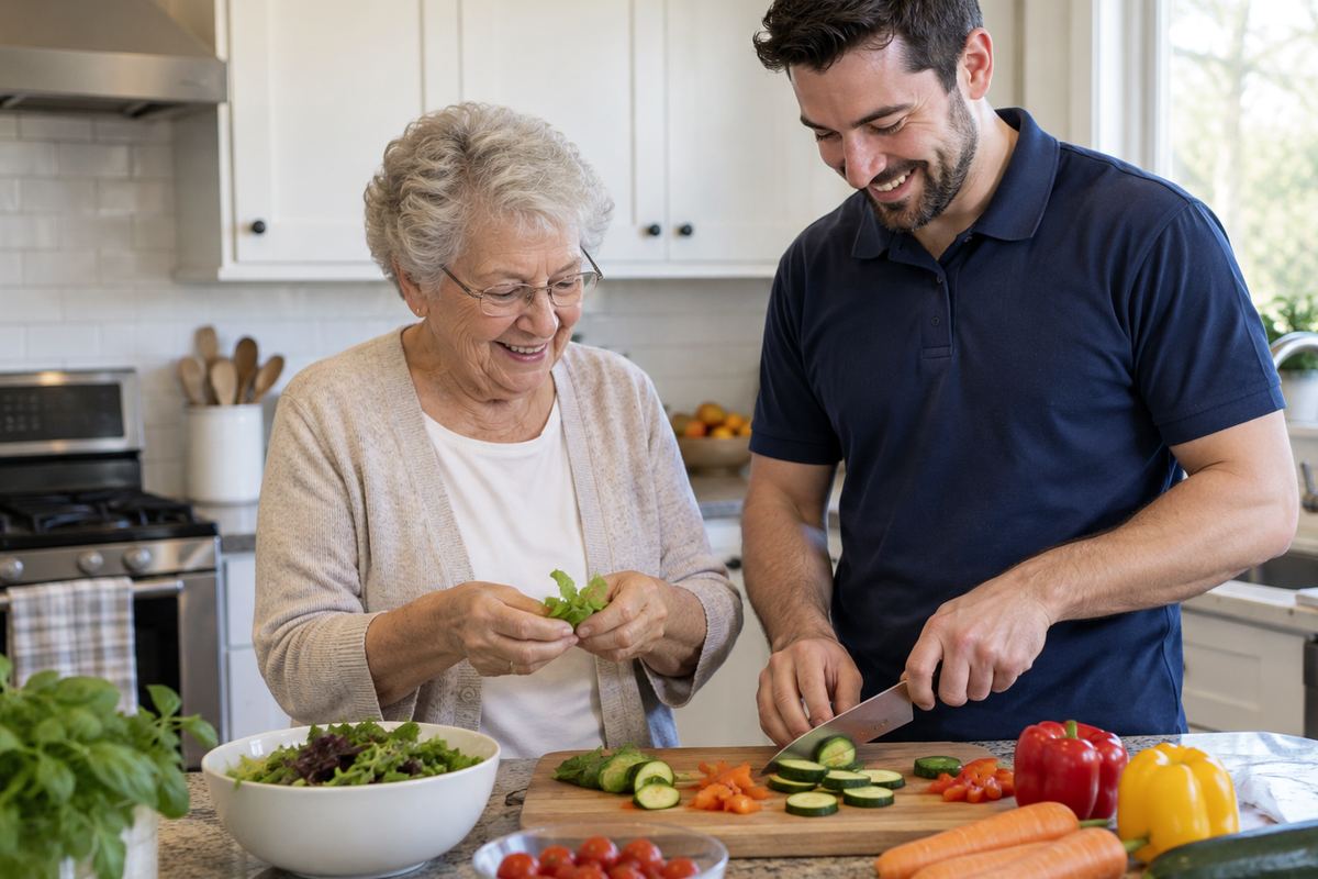 Caregiver and older woman cooking lunch together as part of elderly care in Carson