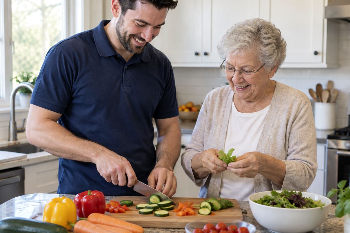 Caregiver and older woman cooking lunch together as part of senior home care Chandler AZ