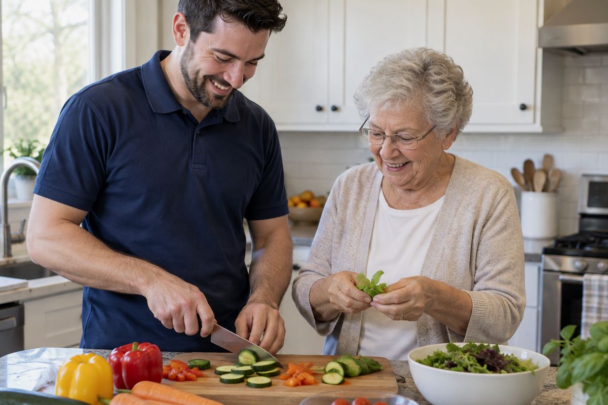 Caregiver and older woman cooking lunch together as part of senior home care Cibolo TX