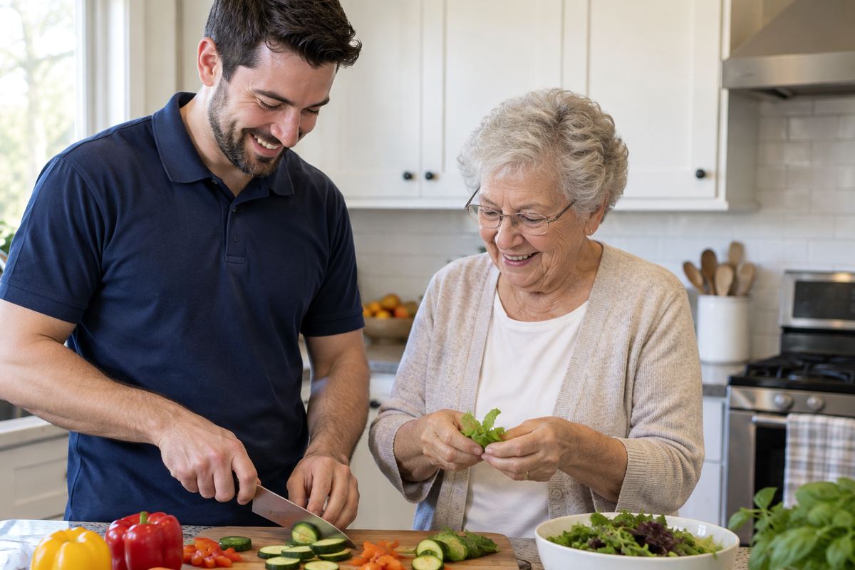 Caregiver and older woman cooking lunch together as part of senior home care Converse TX