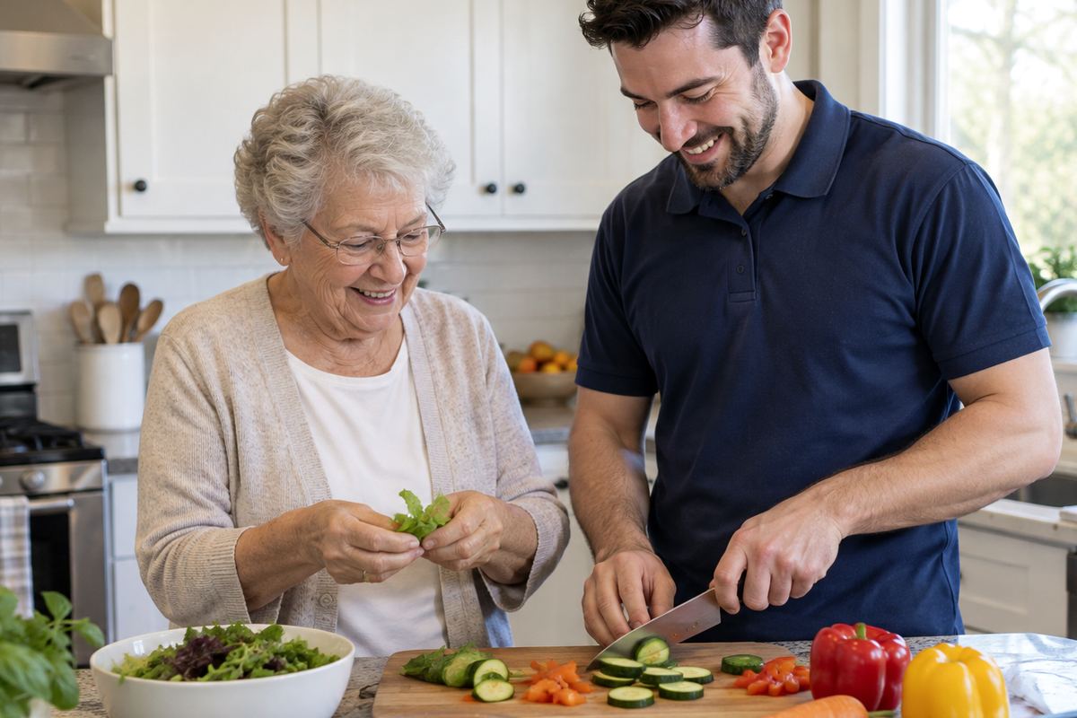 Caregiver and older woman cooking lunch together as part of in-home support in Covina