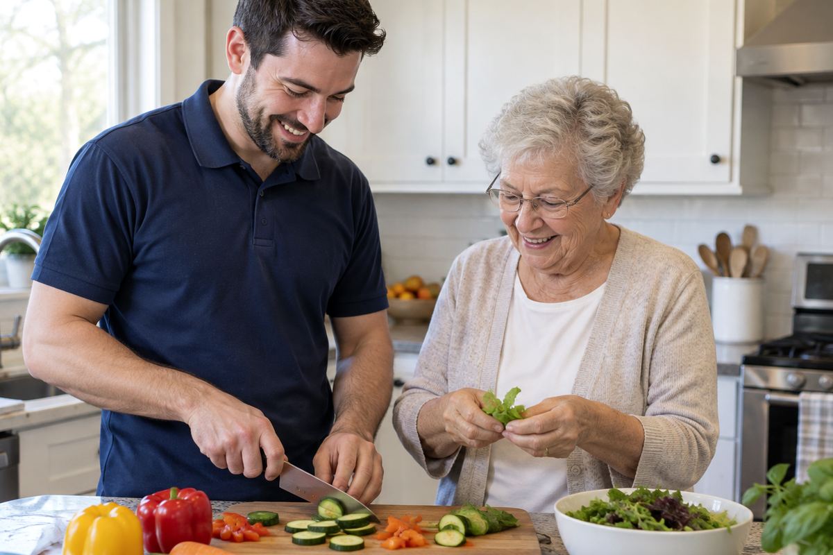 Caregiver and older woman cooking lunch together as part of senior home care Cypress TX