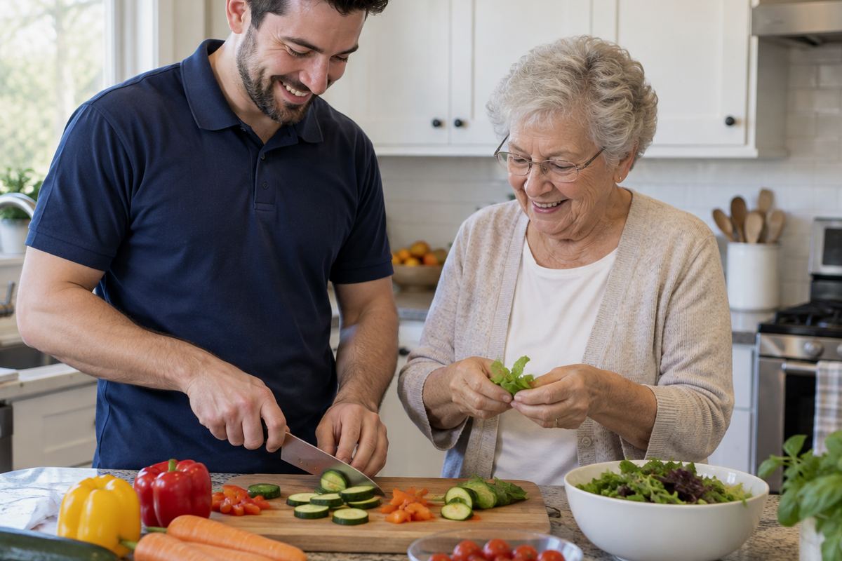 Caregiver and older woman cooking lunch together, in-home care in Eden Prairie