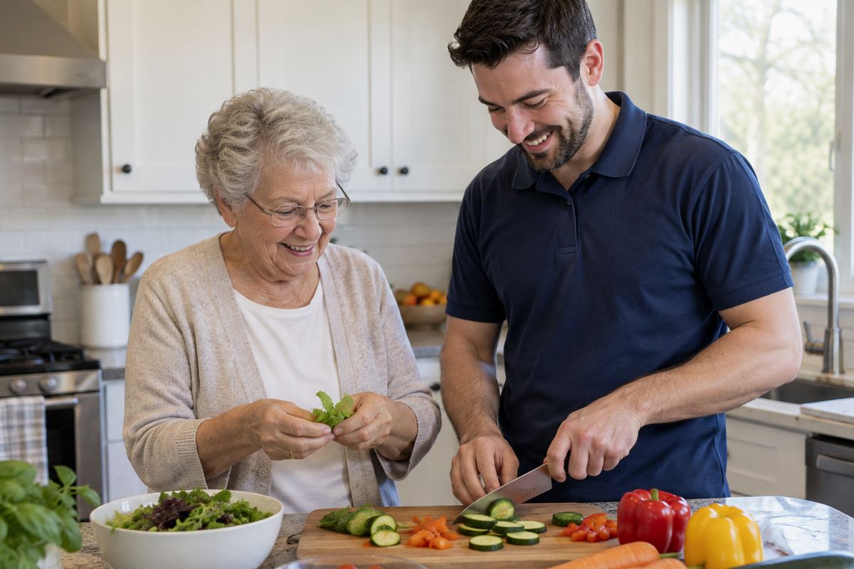 Caregiver and older woman cooking lunch together, part of senior home care El Segundo CA