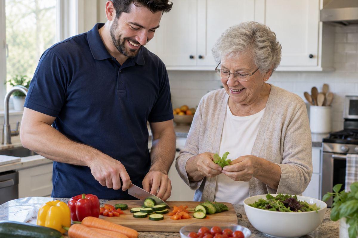 Caregiver and older woman cooking lunch together, part of senior home care Floresville TX services