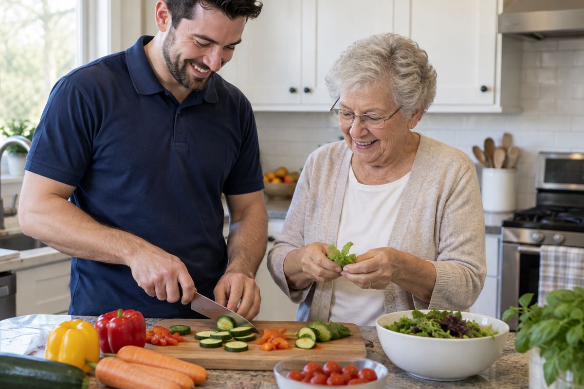 Caregiver and older woman cooking lunch together as part of senior care in Gardena