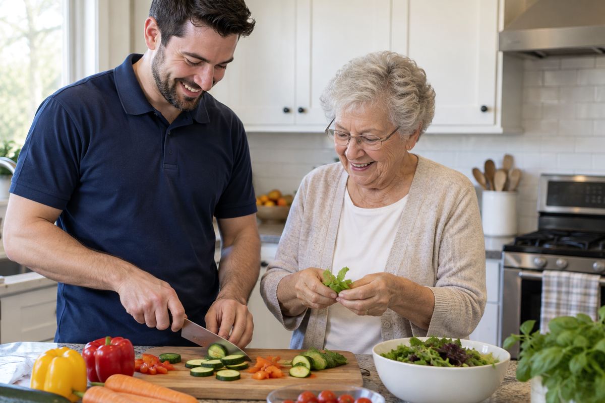 Caregiver and older woman cooking lunch together, senior home care Gilbert AZ
