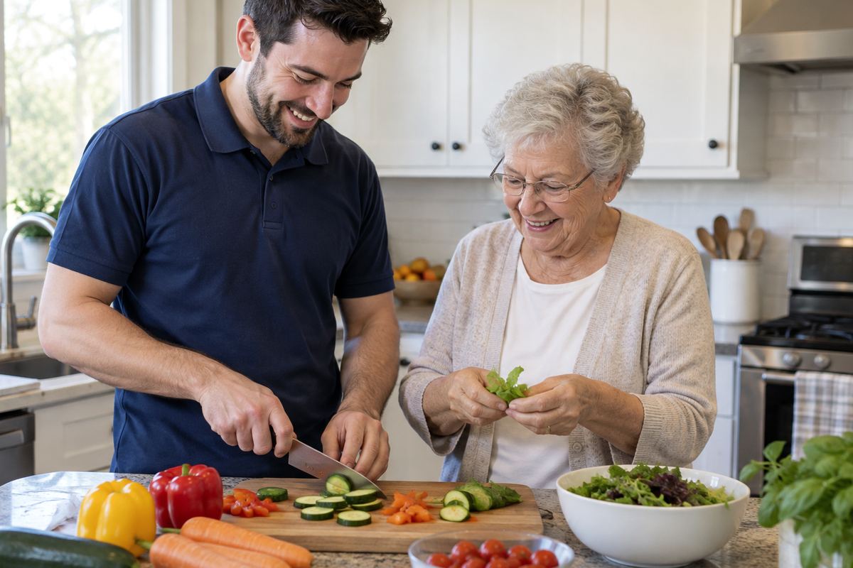 Caregiver and older woman cooking lunch together, senior home care Harbor City CA