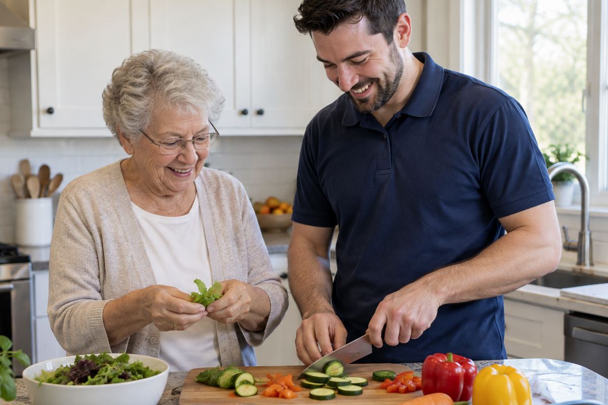 Caregiver and older woman cooking lunch together as part of senior home care Hawthorne CA