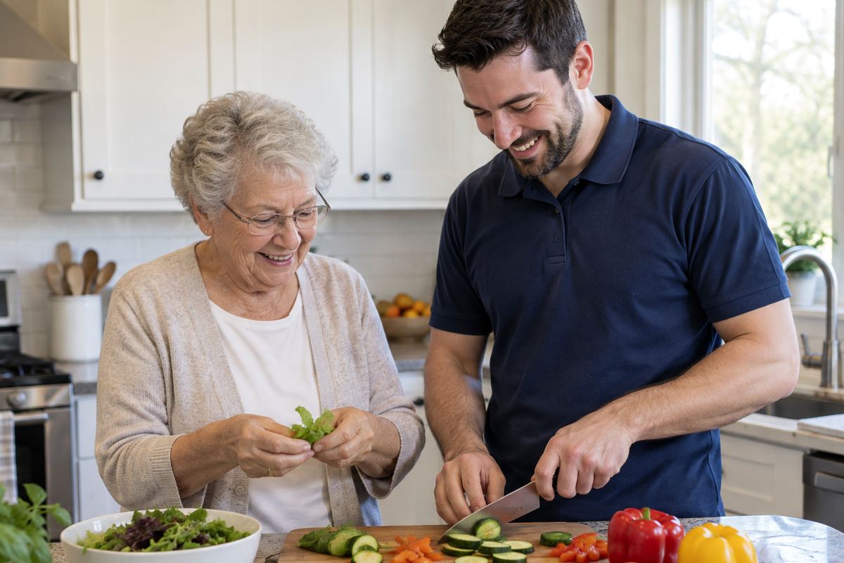 Caregiver and older woman cooking lunch together as part of senior home care Helotes TX