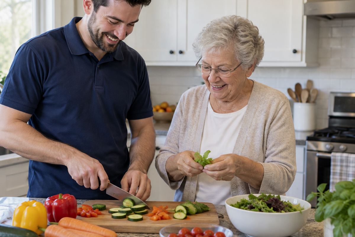 Caregiver and older woman cooking lunch together, senior home care Hermosa Beach CA