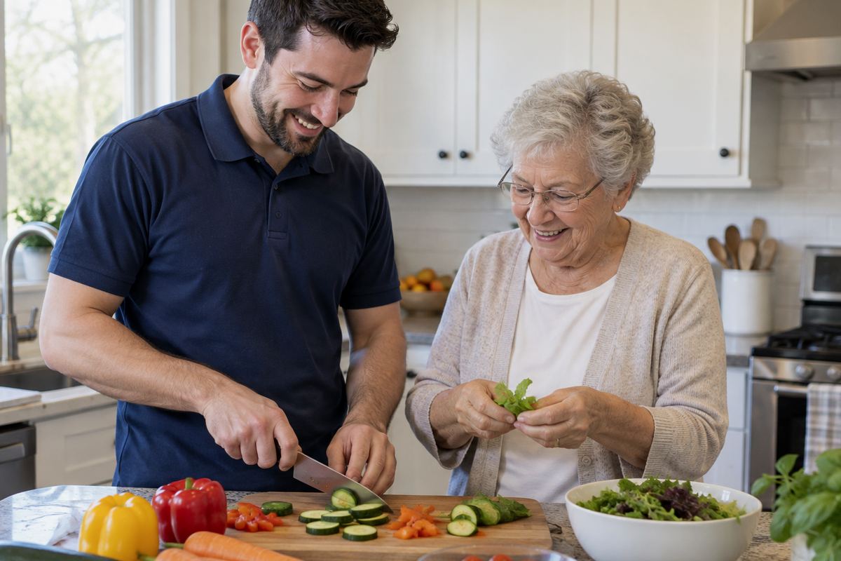 Caregiver and older woman cooking lunch together during in-home care locally